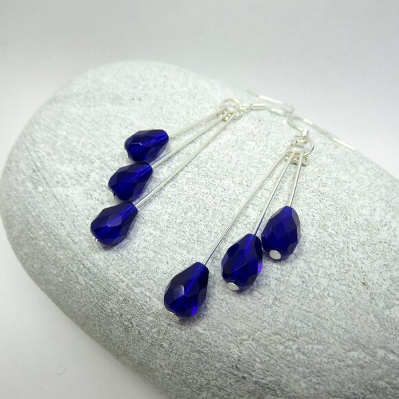 Colbalt blue triple dangle Czech bead earrings - Picture 1 of 9